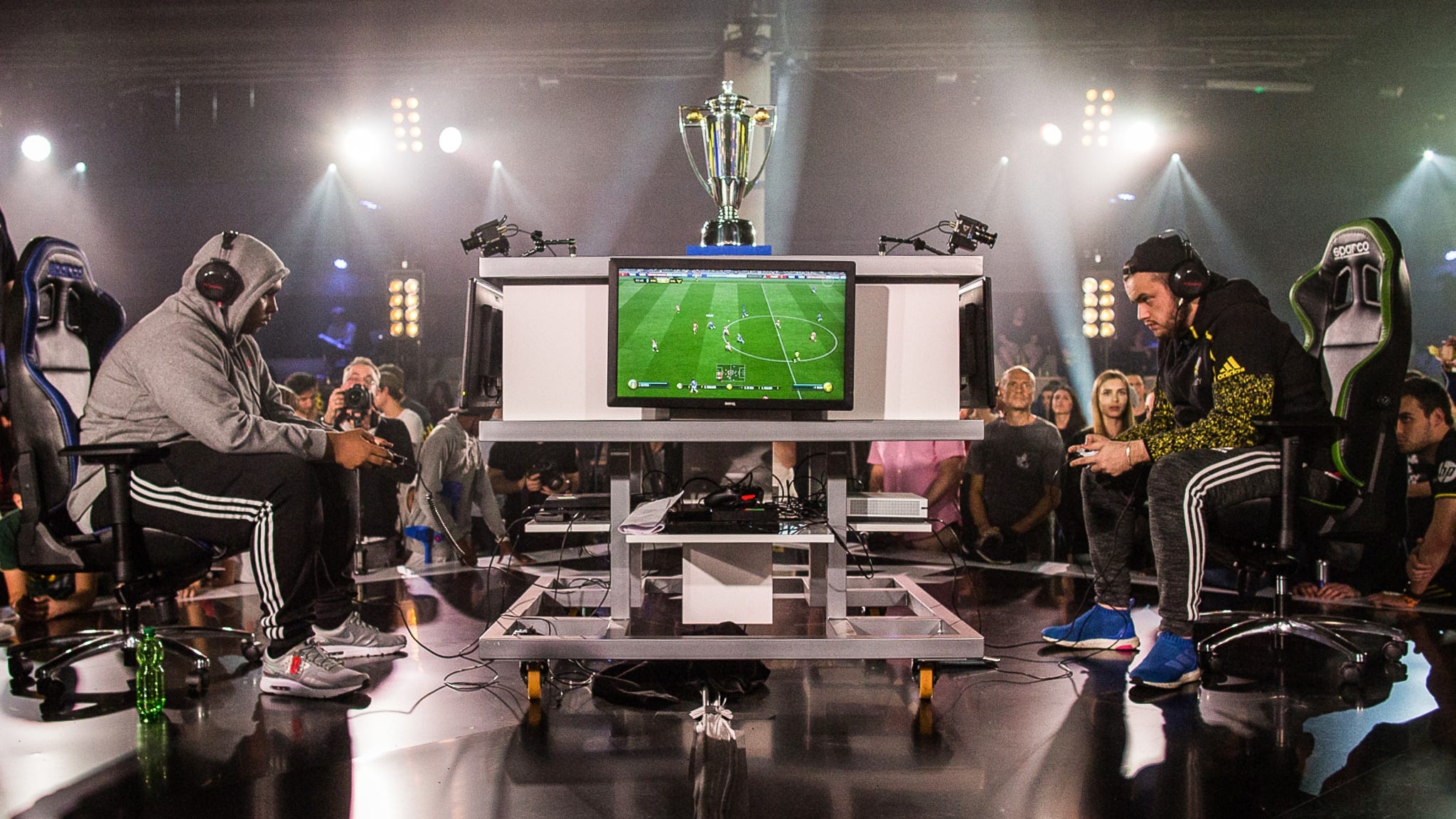 Two gamers facing off during Electronic Arts' FIFA Championship esports event