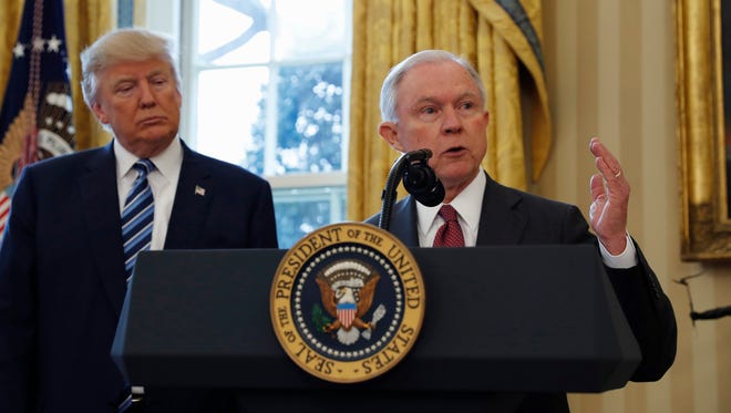 President Donald Trump and his attorney general, Jeff Sessions, together in the Oval Office on Feb. 9, 2017. (AP Photo/Pablo Martinez Monsivais, File)