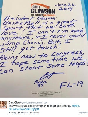 Congressman Curt Clawson sent out this Twitter message inviting President Obama to "shoot some hoops."