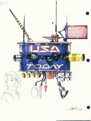 A sketch of news gathering drones by John Bell, who worked on the "Back to the Future" movies.