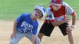 Blue team infielder Ryan Roper gets some fielding advice