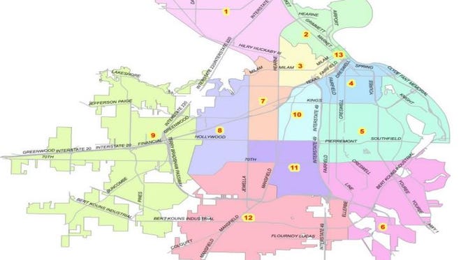 Shreveport is divided into 13 districts.