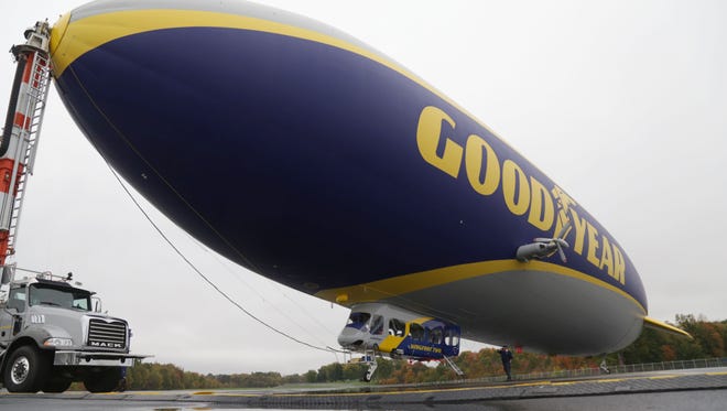 The Goodyear blimp, Wingfoot Two, sits at its base in Mogadore on Thursday.