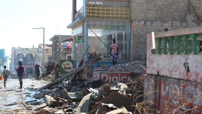 Destruction in downtown Jérémie, Haiti, is widespread.