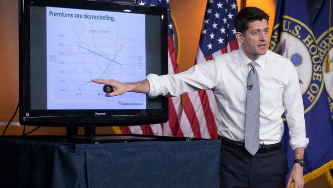 Speaker of the House Republican Paul Ryan gives a PowerPoint presentation on the  Republican plan to repeal the Affordable Care Act and replace it with the American Health Care Act.