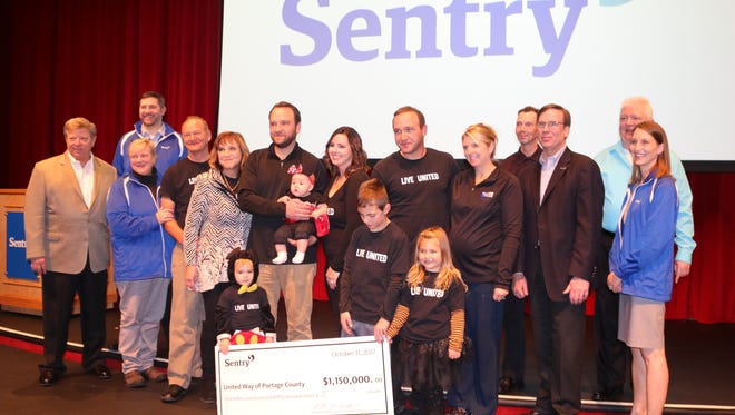 Sentry Insurance presents a $1.15 million donation to United Way of Portage County during a campaign coordinators’ celebration at the Sentry Insurance Theater on Tuesday, Oct. 31. The donation to the United Way including employee donations, special events fundraising and a match from Sentry Insurance Foundation. In the photo are, from left, Pete McPartland, Sentry Insurance Chairman of the Board, President, and CEO; Jeremy Kleifgen, Sentry; Sue Wilcox, United Way of Portage County Executive Director; Peter Blenker, Pam Jewell, Colin, Justin, Charlotte, and Melissa Blenker, Jesse, Jason, June, and Jenny Blenker, United Way of Portage County 2017 Campaign Drive Chairs; Doug Helminski, Aramark; Mike Schimke, Sentry; Tom Wiegand, Aramark; and Tarrah Baars, Sentry.