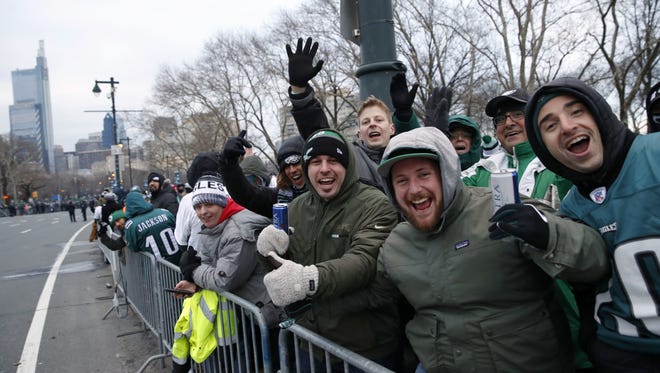 Fans line Benjamin Franklin Parkway before a Super Bowl victory parade for the Philadelphia Eagles NFL football team, Thursday, Feb. 8, 2018, in Philadelphia. The Eagles beat the New England Patriots 41-33 in Super Bowl 52. (AP Photo/Alex Brandon)
