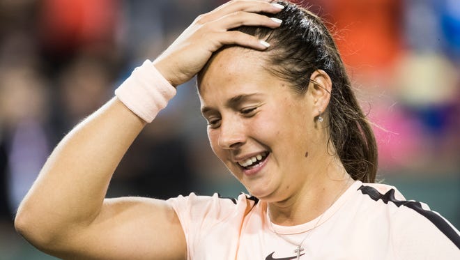 Daria Kasatkina of Russia reacts after having defeated Venus Williams of the United States in their semifinal match at the 2018 BNP Paribas Open at Indian Wells Tennis Garden on March 16, 2018. 