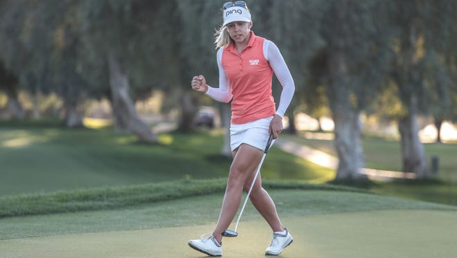 Pernilla Lindberg, of Sweden, sinks her putt on 9 giving the lead in the first round of the ANA Inspiration on Thursday, March 29, 2018 at Mission Hills Country Club in Rancho Mirage.