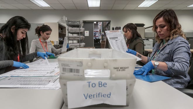 Election workers hand verify mail-in-ballots that vote counting machines have problems reading on Friday, June 1, 2018 at the County of Riverside Registrar of Voters in Riverside. 