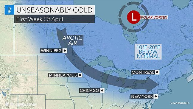 Weather will be unseasonably cold due to a shift in the polar vortex.