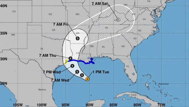 A National Hurricane Center map shows the remnants of tropical storm Cindy reaching across Tennessee in the next few days.