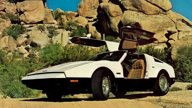 Advertisement for the 1974 to 1976 Bricklin SV-1, which featured Gull wing doors and either an AMC 360-V8 in 1974 or a 351 Ford Windsor V8 in 1975 and 1976.