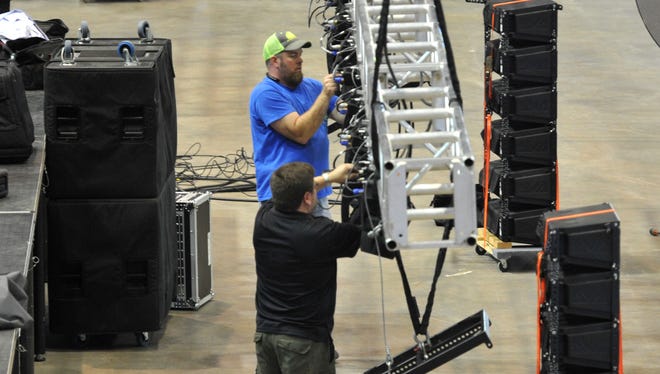 Work is done to prepare the main stage Monday morning for the Texas Alliance of Energy Producers Expo being held April 24 and 25 at the Wichita Falls Multipurpose Event Center and the Kay Yeager Coliseum. The expo begins Tuesday. Gov. Greg Abbott will speak at the membership luncheon Wednesday.