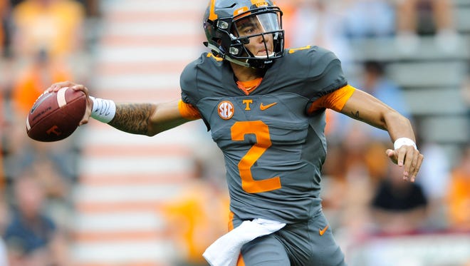 University of Tennessee's quarterback Jarrett Guarantano (2) throws a pass during the Orange & White Game at Neyland Stadium in Knoxville, Tennessee on Saturday, April 22, 2017.