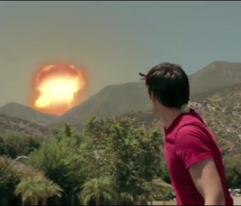 This image from a public service video stresses the importance of getting inside after a nuclear explosion. The video was part of a Ventura County Public Health campaign on nuclear preparedness.
