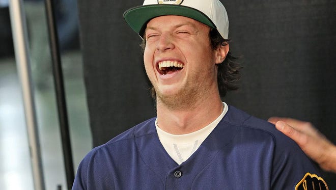 Brett Phillips has fun during a TV interview with Fox Sports during a Brewers On Deck event.