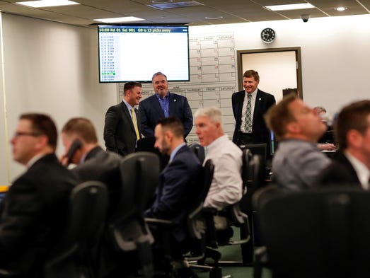 Green Bay Packers GM Brian Gutekunst (left), coach