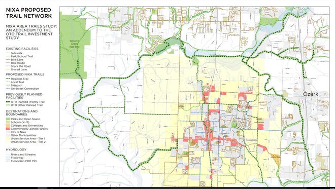 This map of proposed bike and pedestrian trail corridors around Nixa will be discussed at a meeting Thursday hosted by the Ozarks Transportation Organization.