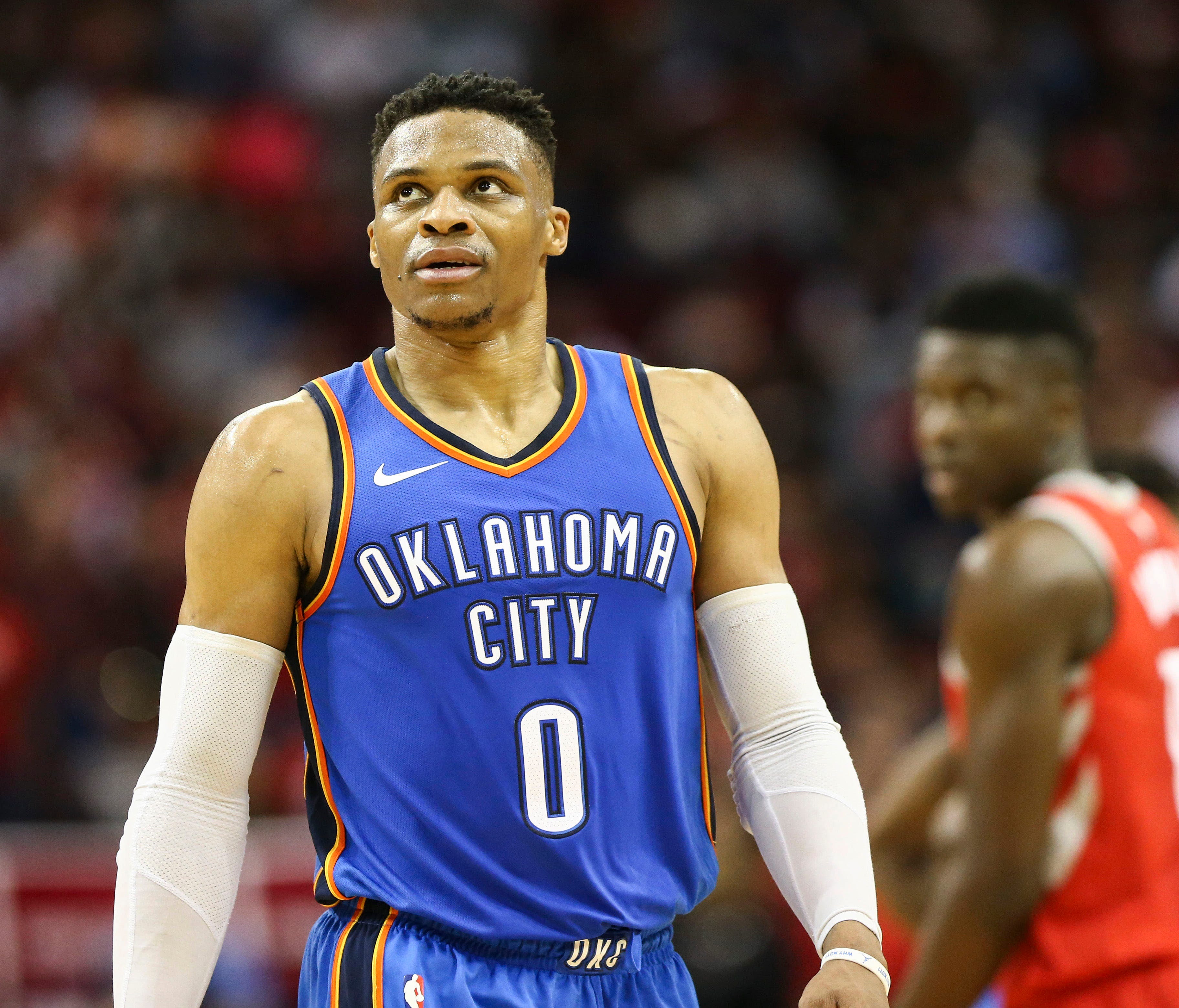Oklahoma City Thunder guard Russell Westbrook looks up after a play during the first half against the Houston Rockets at Toyota Center.