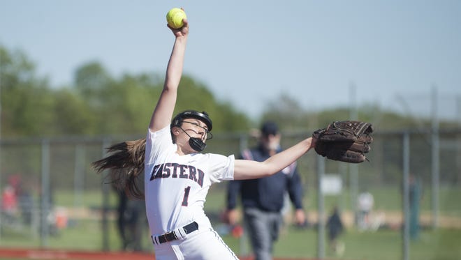 Eastern's Rachel Waro delivers a pitch in last year's sectional playoffs against Washington Township. Waro went 20-2 as a sophomore in 2016 and figures to be one of the area's best arms this season.