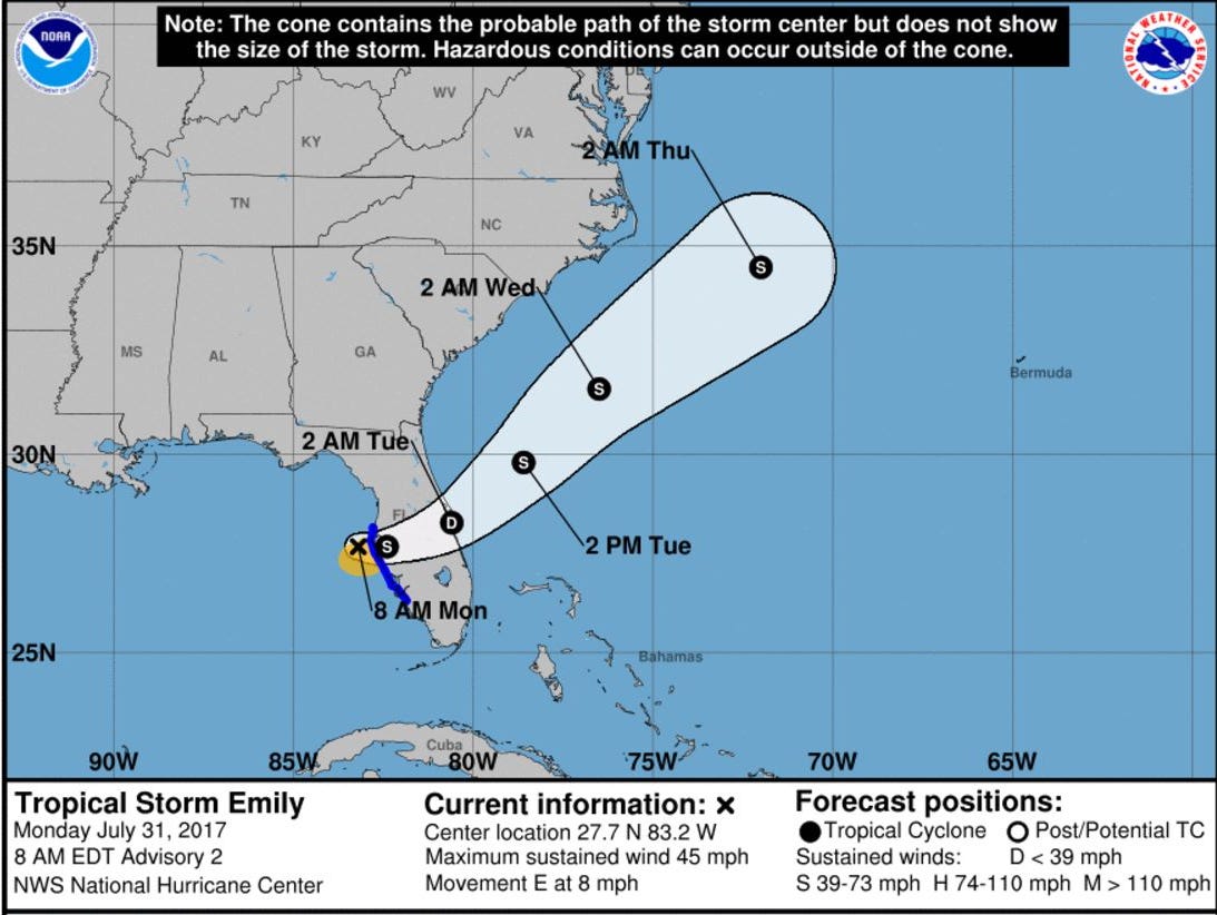 Tropical Storm Emily formed in the Gulf of Mexico on Monday, July 31, 2017.