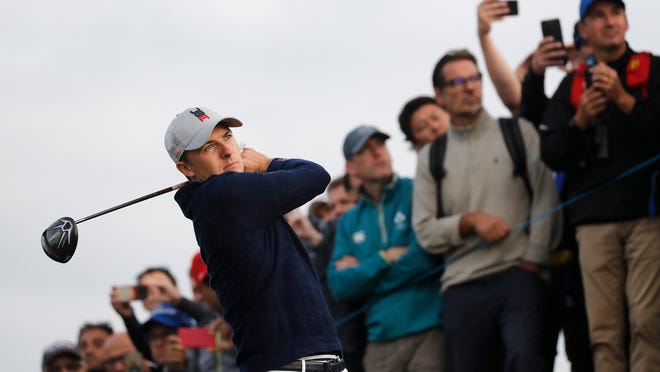 Jordan Spieth of the US plays from the 7th tee during a fourball match on the opening day of the 42nd Ryder Cup at Le Golf National in Saint-Quentin-en-Yvelines, outside Paris, France, Friday, Sept. 28, 2018. (AP Photo/Laurent Cipriani)