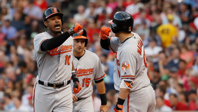 The Baltimore Orioles led the majors in home runs last season, with Adam Jones (left) hitting 29 and Manny Machado (right) hitting 37.