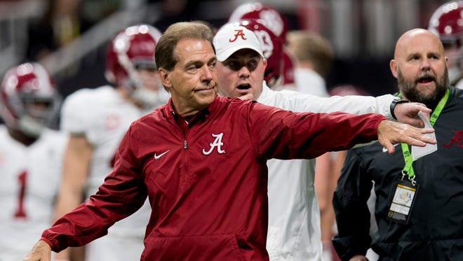 Alabama head coach Nick Saban before the College Football Playoff National Championship Game in the Mercedes Benz Stadium in Atlanta, Ga., on Monday January 8, 2018. (Mickey Welsh / Montgomery Advertiser)