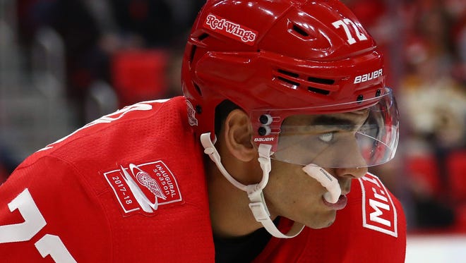 Red Wings' Andreas Athanasiou looks on while playing the Bruins during the third period at Little Caesars Arena on Feb. 6, 2018.