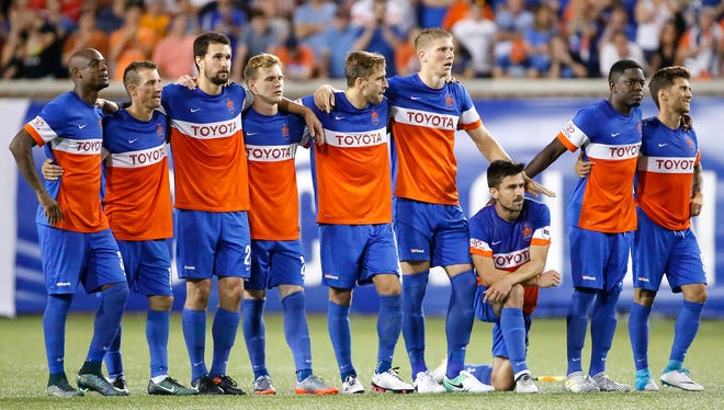 FC Cincinnati lines up for penalty kicks during the Lamar Hunt US Open Cup match between the Chicago Fire and FC Cincinnati on June 28, 2017 at Nippert Stadium.