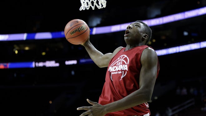 Indiana Hoosiers center Thomas Bryant (31) goes up for the dunk during practice inside The Wells Fargo Center in Philadelphia on March 24, 2016.
