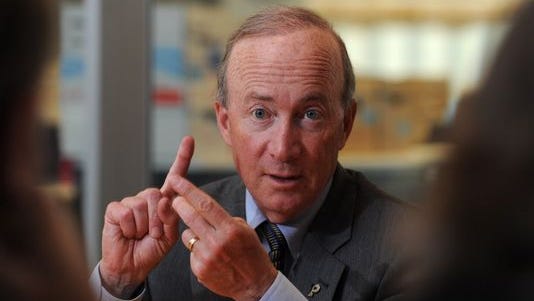 Mitch Daniels, president of Purdue University, talks with the USA TODAY Editorial Board on May 6.
