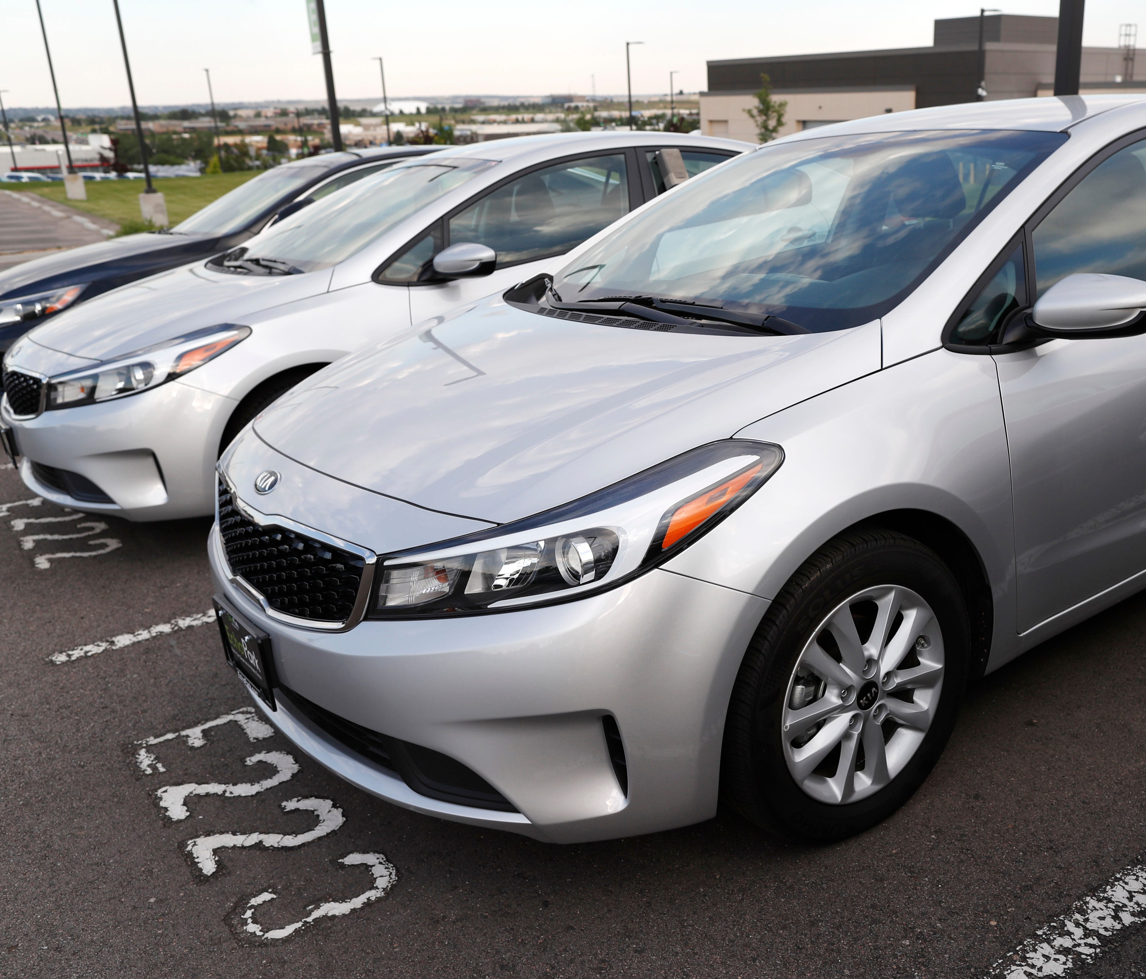 A used 2017 Kia Forte sits in a row of other used, late-model sedans at a dealership in Centennial, Colo. Prices of used small cars are on the rise after falling for the past five years.