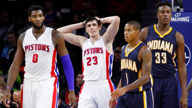 Detroit Pistons forward Ersan Ilyasova (23) puts his hands on his head after a play against the Indiana Pacers during the third quarter at the Palace of Auburn Hills.