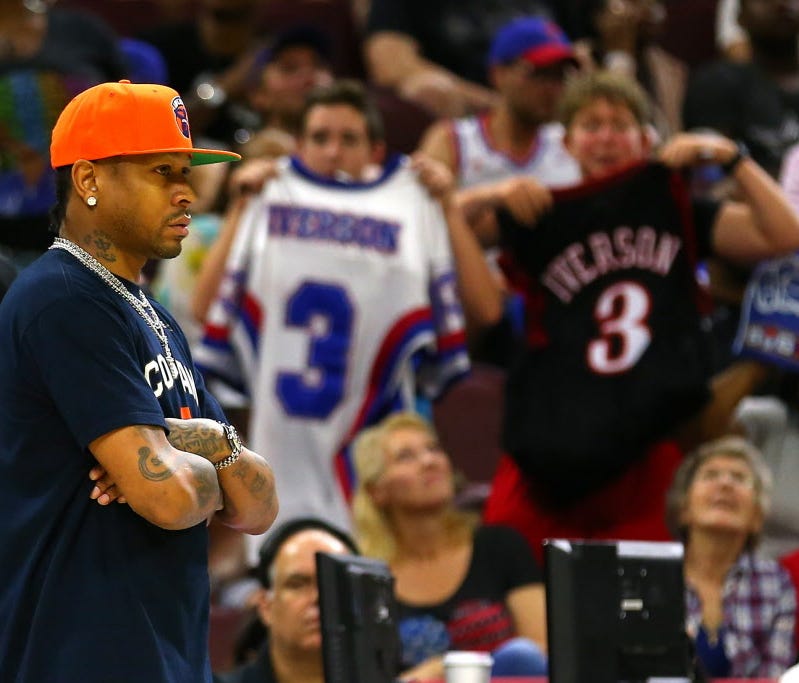 Allen Iverson of 3's Company looks on from the bench against Tri-State during Week 4 of the Big3 league.