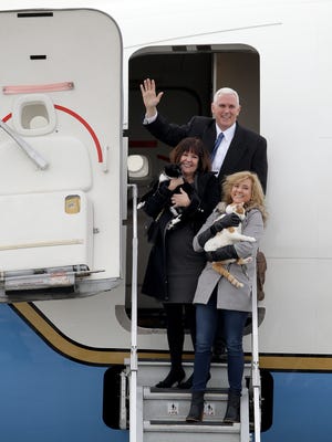 Vice President-elect Mike Pence, wife Karen and daughter Charlotte and the family cats Pickle and Oreo, board their plane to fly to Washington D.C. Monday, January 9, 2016, afternoon from the Indianapolis International Airport. 