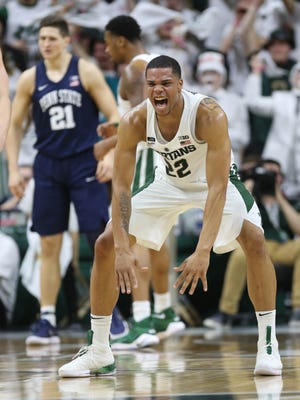 Miles Bridges reacts after hitting a 3-pointer against Penn State on Jan. 31, 2018 at Breslin Center in East Lansing.