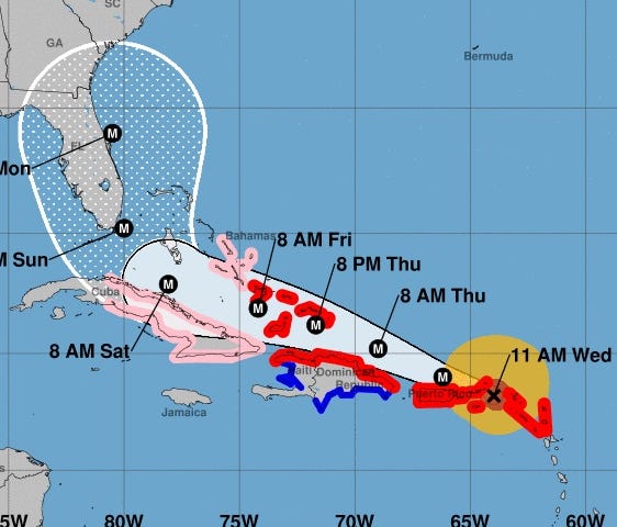 This map provided by the National Hurricane Center on Wednesday, Sept. 6, 2017, shows the possible track for Hurricane Irma.