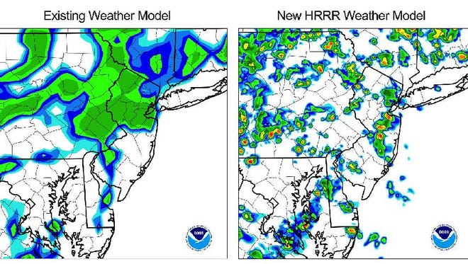 These handout images provided by NOAA show a comparison of two weather forecast models for the New Jersey area. At left is a forecast that doesn't distinguish local hazardous weather. At right shows the High Resolution Rapid Refresh (HRRR) model, which clearly depicts where local thunderstorms, yellow and red coloring, are likely.