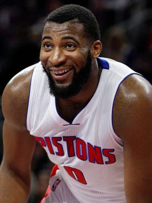 Detroit Pistons center Andre Drummond (0) smiles during the second quarter against the Chicago Bulls at The Palace of Auburn Hills.