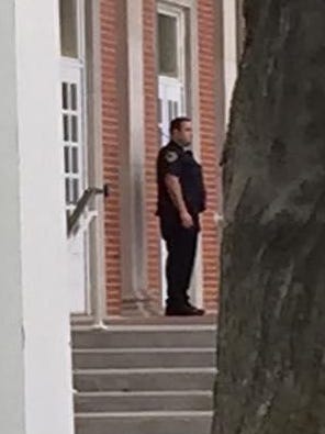 First Baptist Church in downtown Springfield hires two police officers to work security during worship on Sunday mornings. One officer stands outside church and the other is is in plain clothes with the congregationin. This photo was taken the morning of May 31.