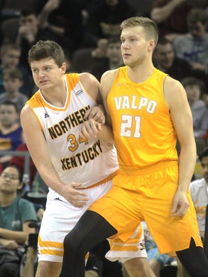 NKU sophomore Drew McDonald defends Valparaiso freshman Derrik Smits in the post during the Norse's game vs. Valpo in Horizon League play Feb. 26, 2017 at BB&T Arena.