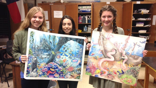 Savannah Walker (from left), Krysten Maier and Jaci Finch created original pieces of art at Calallen High School that were later scanned and placed on the walls of Northshore Emergency Center in Portland.