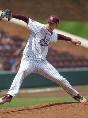 Mississippi State's Ethan Small (44) releases a pitch. Mississippi State played Vanderbilt in an SEC college baseball game on Saturday, March 17, 2018. Photo by Keith Warren