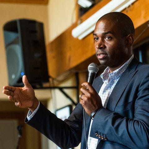 Rep. Antonio Delgado talks during a town hall meet