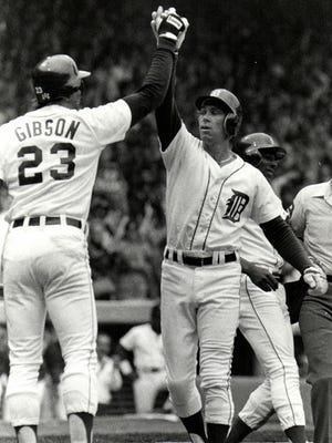 Detroit Tigers Kirk Gibson congratulates Alan Trammell for his home run during the 1984 World Series in Detroit.