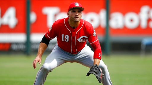 Cincinnati Reds' Joey Votto watches as a pitch is thrown during the third inning of a spring training baseball game against the Kansas City Royals Monday, March 20, 2017, in Surprise, Ariz. (AP Photo/Ross D. Franklin)