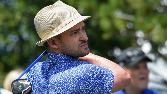 Justin Timberlake watches his shot at the American Century Championship at Edgewood Tahoe Golf Course in 2015.