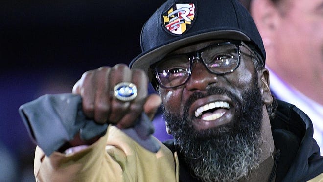 Former Baltimore Ravens and University of Miami safety Ed Reed displays his Pro Football Hall of Fame ring during a Nov. 3 ceremony at halftime of a game between the Ravens and Patriots, Sunday. Reed will be rejoining the Miami Hurricanes as the program's chief of staff.